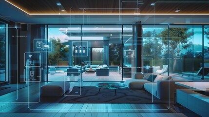 Wall Mural - Modern living room with smart home technology, interactive holographic interfaces, and luxurious furnishings in a spacious layout.