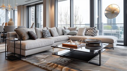 Cozy modern living room with large windows, comfortable seating, and warm lighting, creating a relaxing atmosphere