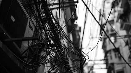 Wall Mural - black and white image of wires in between houses and homes