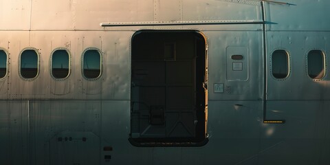 Poster - Airplane's cargo hold door, close-up, focused, no humans, ambient afternoon light -