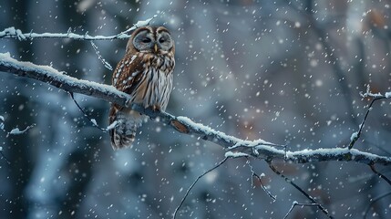 Wall Mural - Owl perched on a branch in a snowy scene