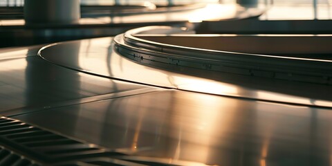 Canvas Print - Close-up of a baggage carousel turning, focused, no humans, soft morning light 