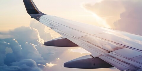 Canvas Print - Close-up on aircraft wing against sky, sharp focus, plane taking off, no people 