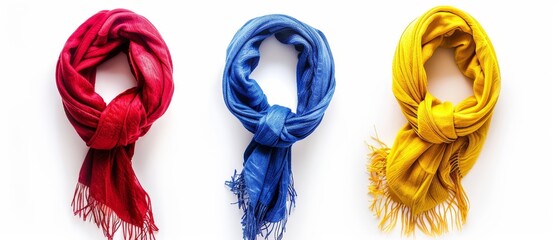 Wall Mural - Red scarf, blue scarf, and yellow scarf isolated on a white background. 