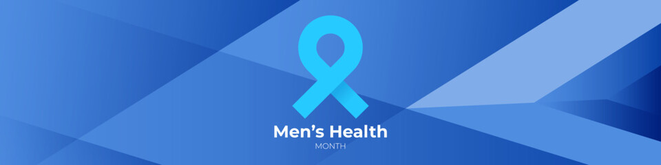 Poster - Mens health month concept horizontal banner design template with blue ribbon and text isolated on blue background. June is national mens health awareness month vector flyer or poster