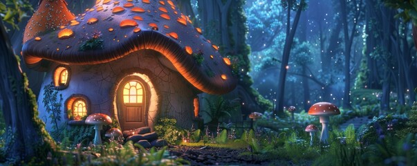 cartoon house in a mushroom in the forest.