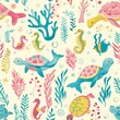 © Tong - A whimsical underwater pattern with adorable turtles, seahorses, and seaweed in a hand-drawn style. The illustration features a loose and carefree feel, creating a charming and whimsical design.