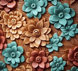 Canvas Print - 3D colorful flowers pattern, wooden textured background, engraved, embossed, carving