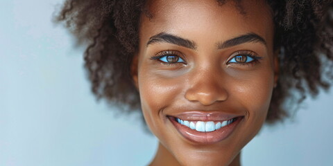 Wall Mural - Young person with curly hair against a light blue background