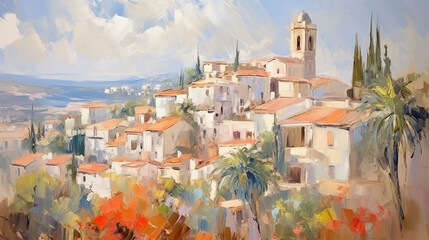 Poster - Impressionist art summer landscape with mediterranean village