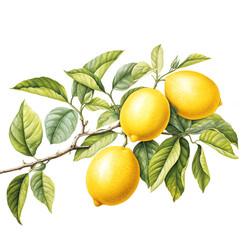 watercolor lemons wirh leaves isolated. Botanical illustration of yellow citrus fruits.