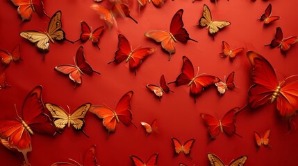 Sticker - Golden butterflies fly，Wallpaper background，Silk texture red