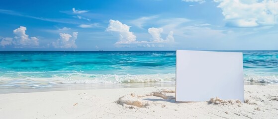 Empty white paper board sign on a beach, perfect for vacation promotions and business announcements with space for text