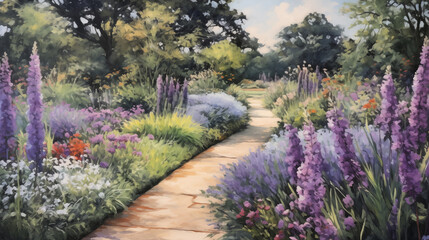 Wall Mural - Summer garden path landscape Impressionist painting