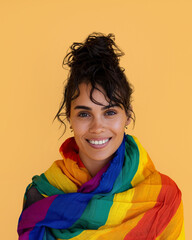 Wall Mural - Smiling woman wrapped in rainbow flag, standing against solid yellow background. Concept LGBTQ pride