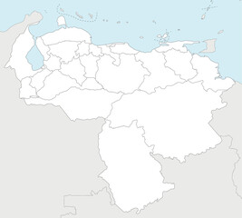  Vector blank map of Venezuela with states, capital district, federal dependencies and administrative divisions, and neighbouring countries. Editable and clearly labeled layers.