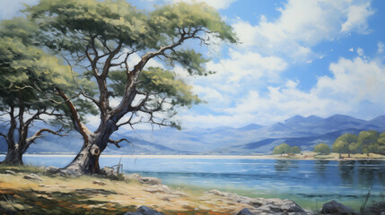 Wall Mural - Summer landscape with trees and lake Impressionist painting