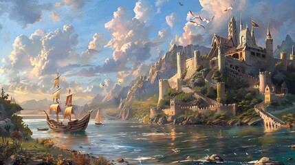 Enchanting fantasy landscape with towering castle and majestic ship, vibrant clouds and serene water, evoking adventure and intrigue.