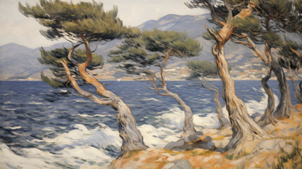 Poster - Summer sea and windswept pines landscape Impressionist painting