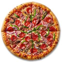 Wall Mural - Pizza Supreme bundle, with pepperoni, meat, bell peppers, onions and champignons, side and top view, white background