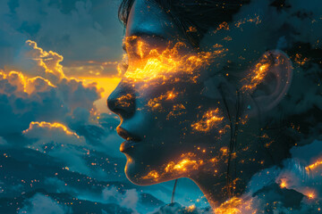Wall Mural - Surreal profile view with celestial clouds