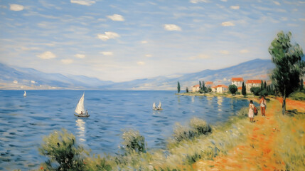 Wall Mural - Summer landscape with sailboats and figures on a lake Impressionist art