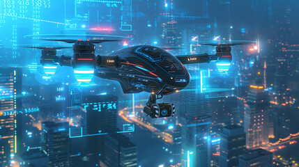 Poster - Futuristic Drone Flying Over a Cityscape with Digital Interface Overlay