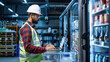 © Anoo - A worker wearing a safety vest and hard hat uses a laptop to monitor the temperature of an industrial refrigerated room