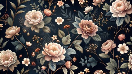 A stunning black wallpaper featuring delicate floral patterns in subtle, contrasting shades. The intricate blossoms appear to float against the dark background, creating a serene