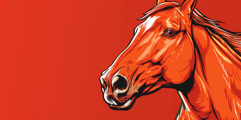 Wall Mural - Chestnut orange horse on red background, banner copy space