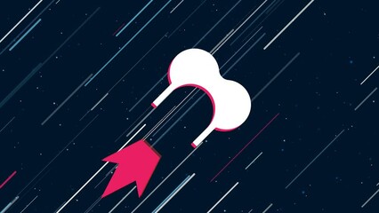 Wall Mural - Bra symbol flies through the universe on a jet propulsion. The symbol in the center is shaking due to high speed. Seamless looped 4k animation on dark blue background with stars