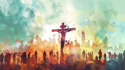 Wall Mural - An abstract painting depicting Jesus Christ on the cross silhouetted against a cityscape, with a crowd of people witnessing the event