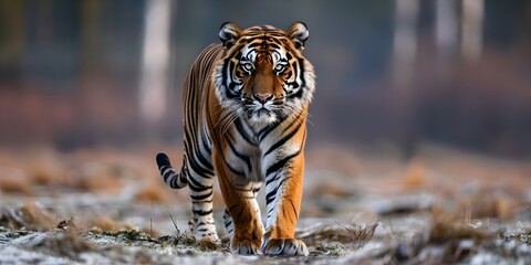 Wall Mural - Full body view of Bengal tiger from behind against blurred background. Concept Wildlife Photography, Animal Portraits, Bengal Tiger, Natural Habitat, Blurred Background