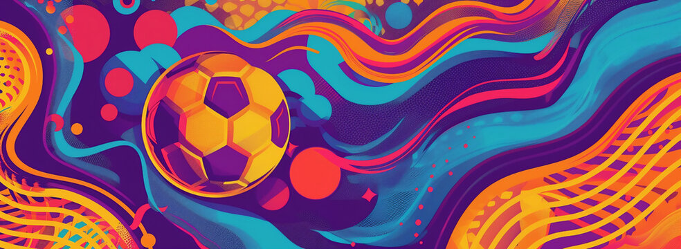 Banner with soccer ball on retro abstract pattern background with copy space. For sports marketing, posters, social media graphics, website banners, advertisements.