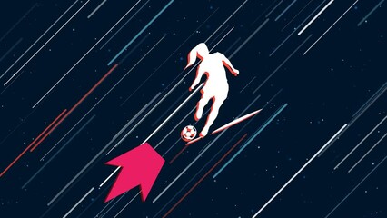 Wall Mural - Female football symbol flies through the universe on a jet propulsion. The symbol in the center is shaking due to high speed. Seamless looped 4k animation on dark blue background with stars