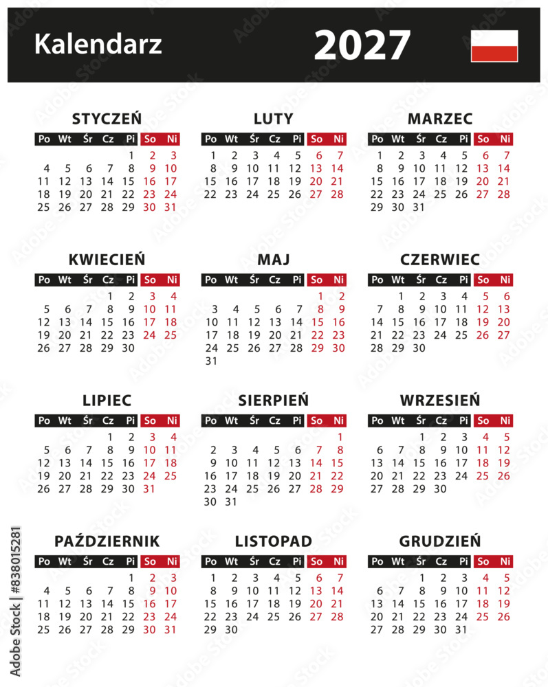 2027 Calendar Vector Stock Illustration Poland Polish Version 2027-calendar-vector-stock-illustration-poland-polish-version