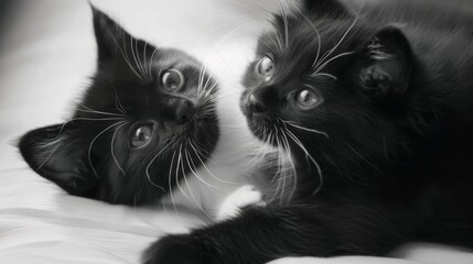 Wall Mural - Two black kittens are laying on a white surface