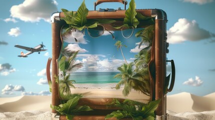 Wall Mural - A suitcase with a tropical beach scene on it