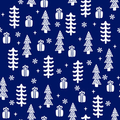 Blue winter forest Scandinavian seamless pattern. Vector navy blue New Year print, Christmas tree, gift and snowflake background for textile, fabric, season decor, gift wrapping paper.