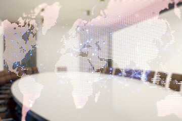 Wall Mural - double exposure of abstract digital world map hologram on a modern boardroom background, big data an