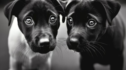 Wall Mural - Two black puppies are looking at the camera with their eyes wide open