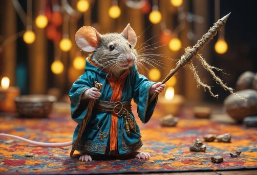 A mouse wizard in a hidden burrow, adorned in a blue robe and wielding a wand.