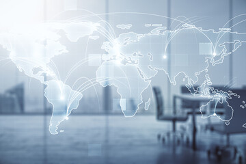 Wall Mural - abstract graphic digital world map hologram with connections on a modern coworking room background, 