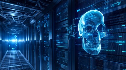 A server room with a holographic projection of a skull, symbolizing a cyber threat, amidst high-tech infrastructure.
