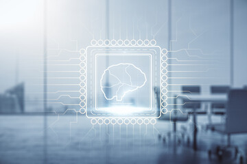 Wall Mural - Double exposure of creative artificial Intelligence interface on a modern meeting room background. Neural networks and machine learning concept