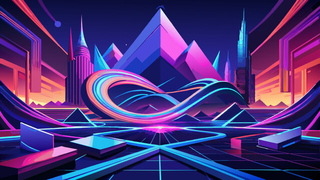 Vibrant Digital Artwork of Futuristic Cityscape with Neon Infinity Symbol