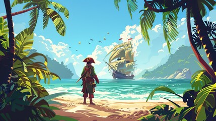 Wall Mural - Pirate captain stands on a tropical island, looking at his ship at sea