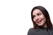 © Ivan Traimak - 25 year old woman with black hair smiling sweetly, close-up photo on a white background with copy space