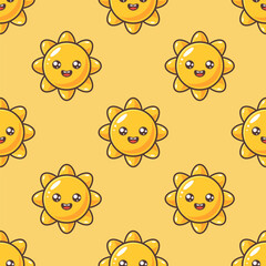 Wall Mural - Orange and yellow kawaii little sun with smiling face on orange background. Vector seamless pattern.