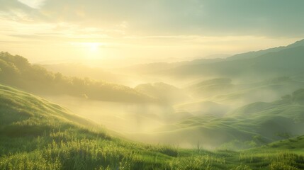 Canvas Print - Sunny grassy hill with trees and clouds, AI-generated.